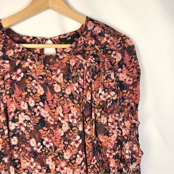 H&M Red & Pink Floral Ruffle Front Long Sleeve Mini Dress 4 - Picture 4 of 4